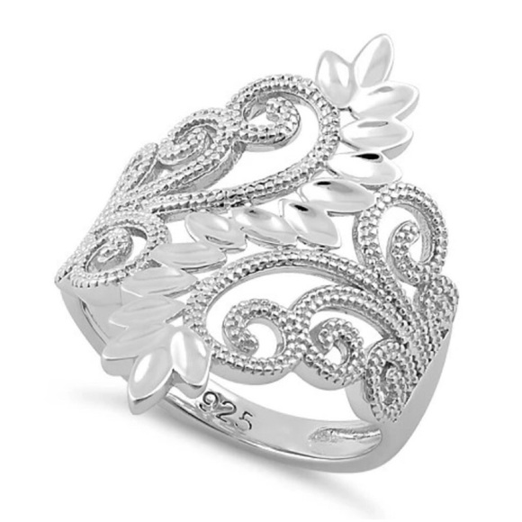 925 STERLING SILVER Leaves & Scrolls Filigree Statement Ring - Picture 15 of 16